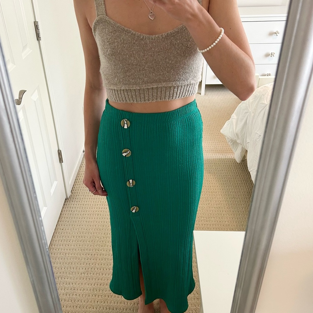 Topshop Green Ribbed Midi Skirt
